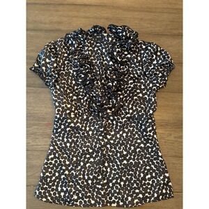 Coquette BCX Polka Dot Blouse Womens XS Ruffle Neck Short Sleeve Black White Top